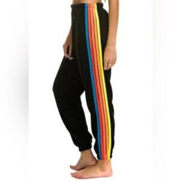 Aviator Nation Pants - Women Aviator Nation Black Rainbow Neon 5-Striped Jogger Sweatpants M